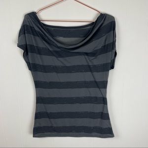 Charcoal Gray Striped Cap Sleeve Boatneck Casual Top